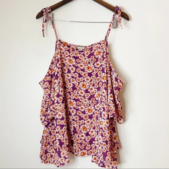 Daisy Floral Layered Cold Shoulder Top Tie Straps Sleeve Lightweight Size Medium - Picture 11 of 11